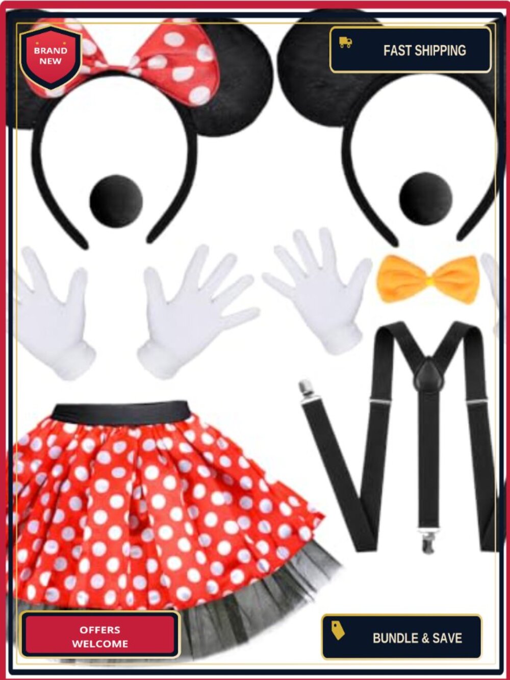 Mouse Costume Tutu Headband Ears Suspender Gloves Nose Bow Tie Halloween Cosplay